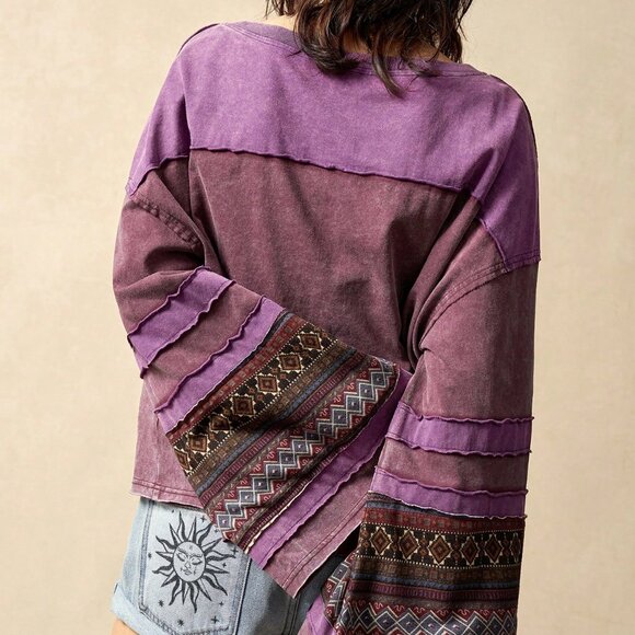 Multicolor Casual Women's Knit Patchwork Round Neck Long Sleeve Loose T-Shirt - Picture 2 of 8